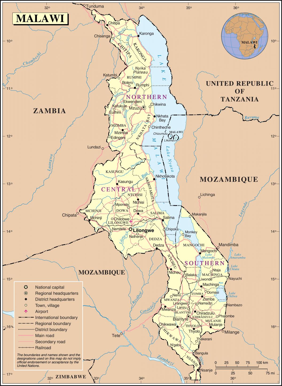 карта Малави са сликом путева