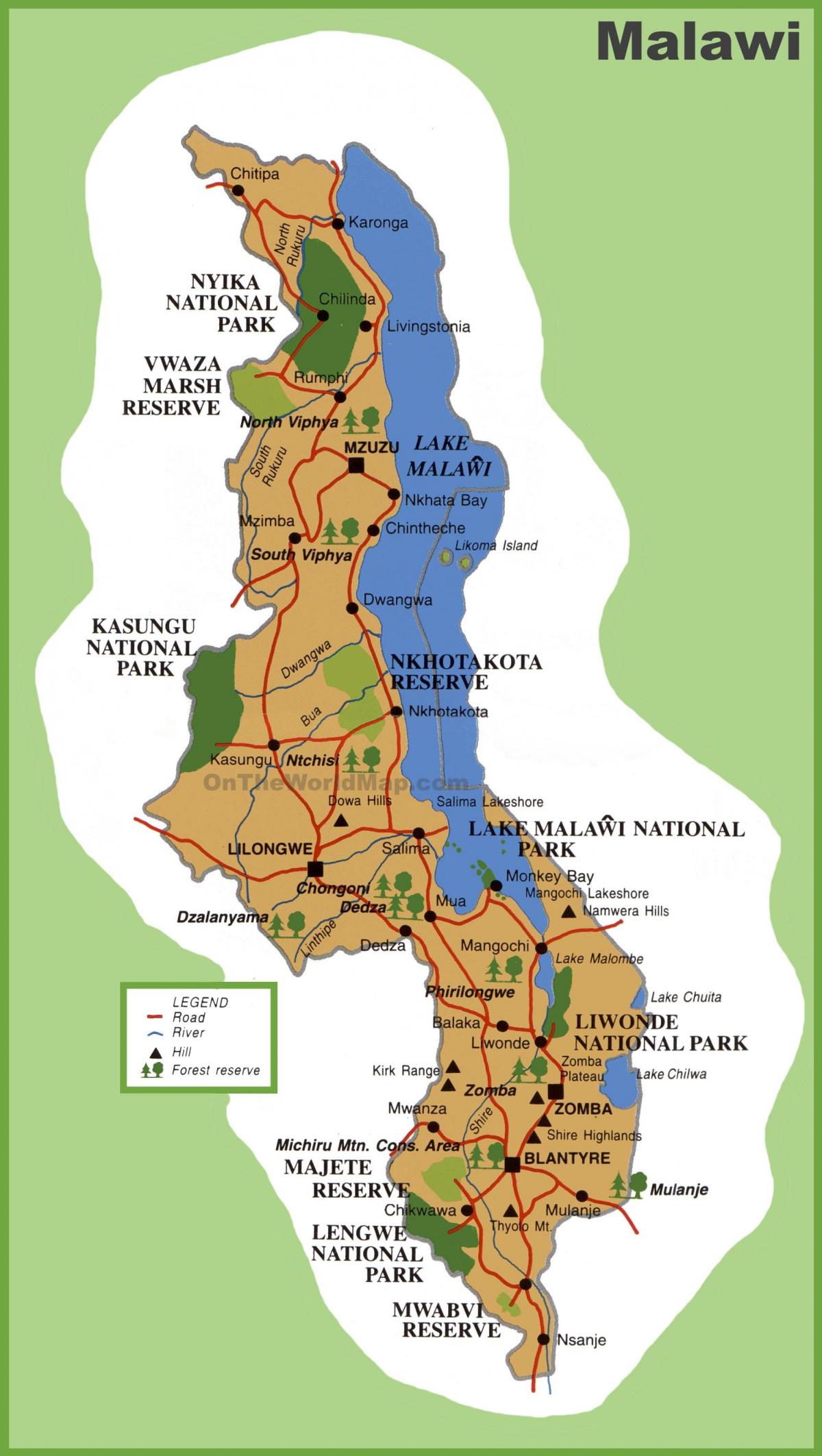 карта Малави и околних земаља