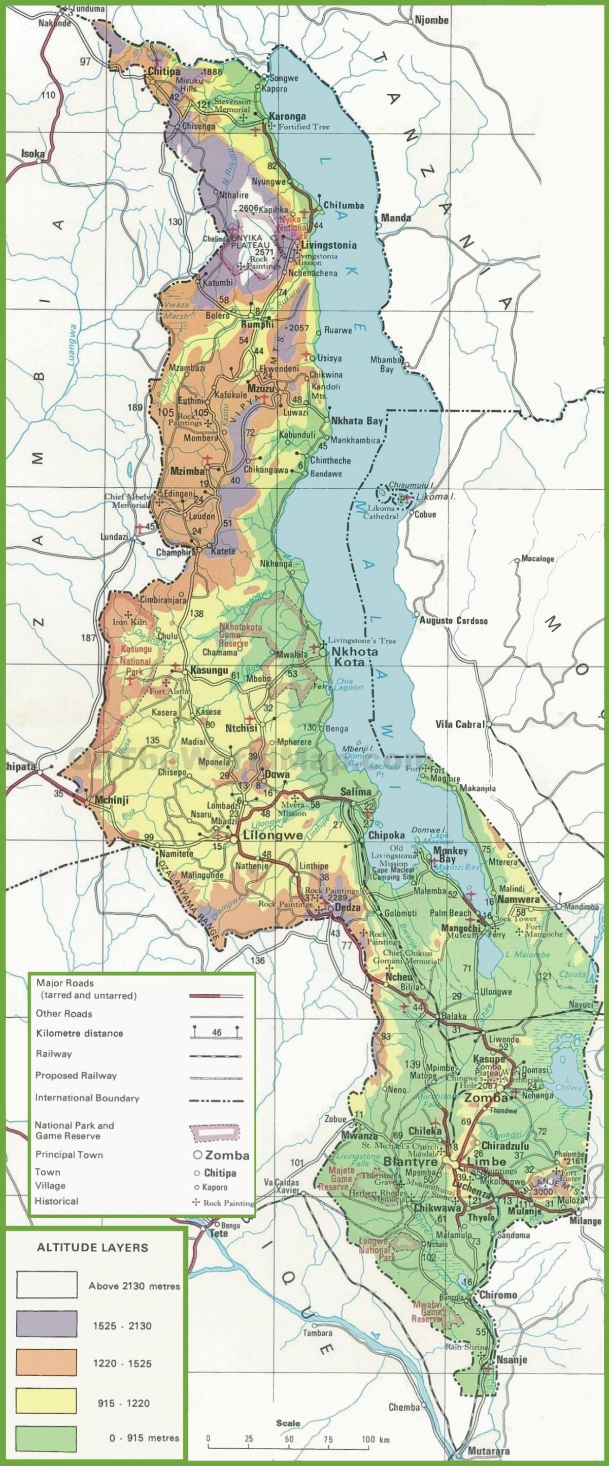 карта физичка карта Малави