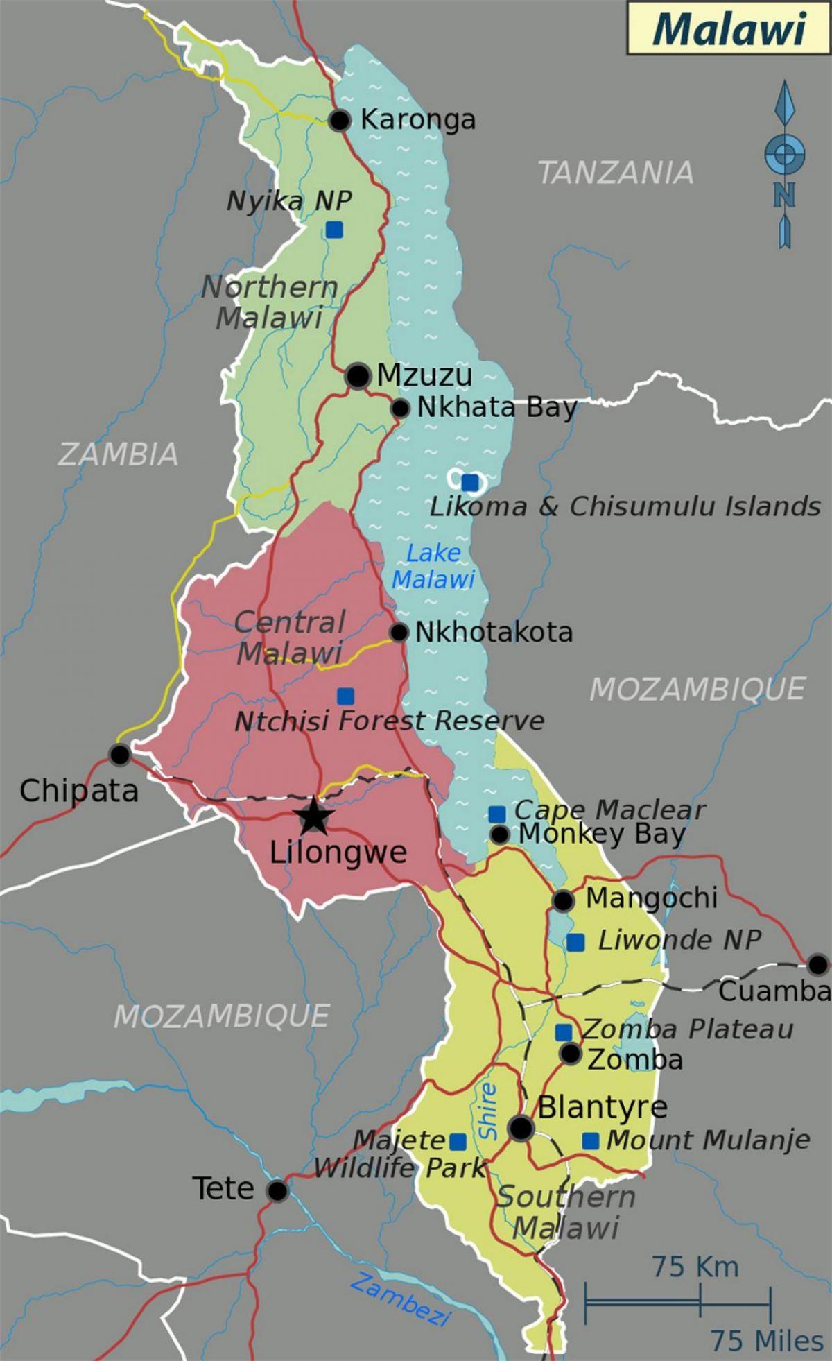 карта језеро Малави у Африци